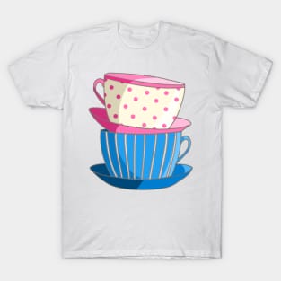 Cute Stacked Tea Cups tea party Pink Blue T-Shirt